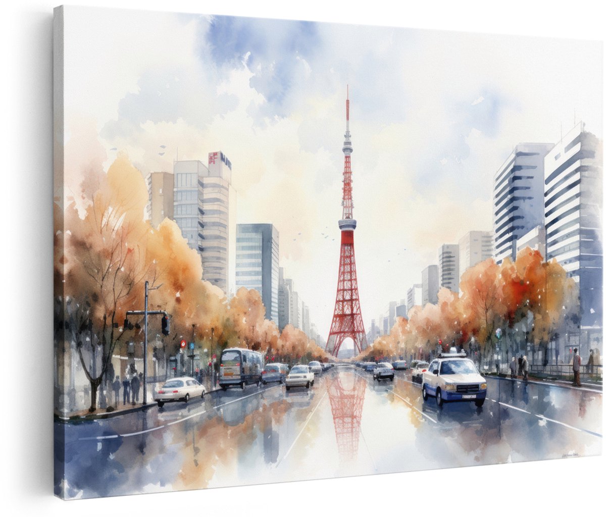 Artaza Canvas Schilderij Tokyo Tower - 180x120 cm - Groot - Wanddecoratie Japan Skyline - Muurdecoratie Herfst Stad - Schilderijen Op Canvas Landschap