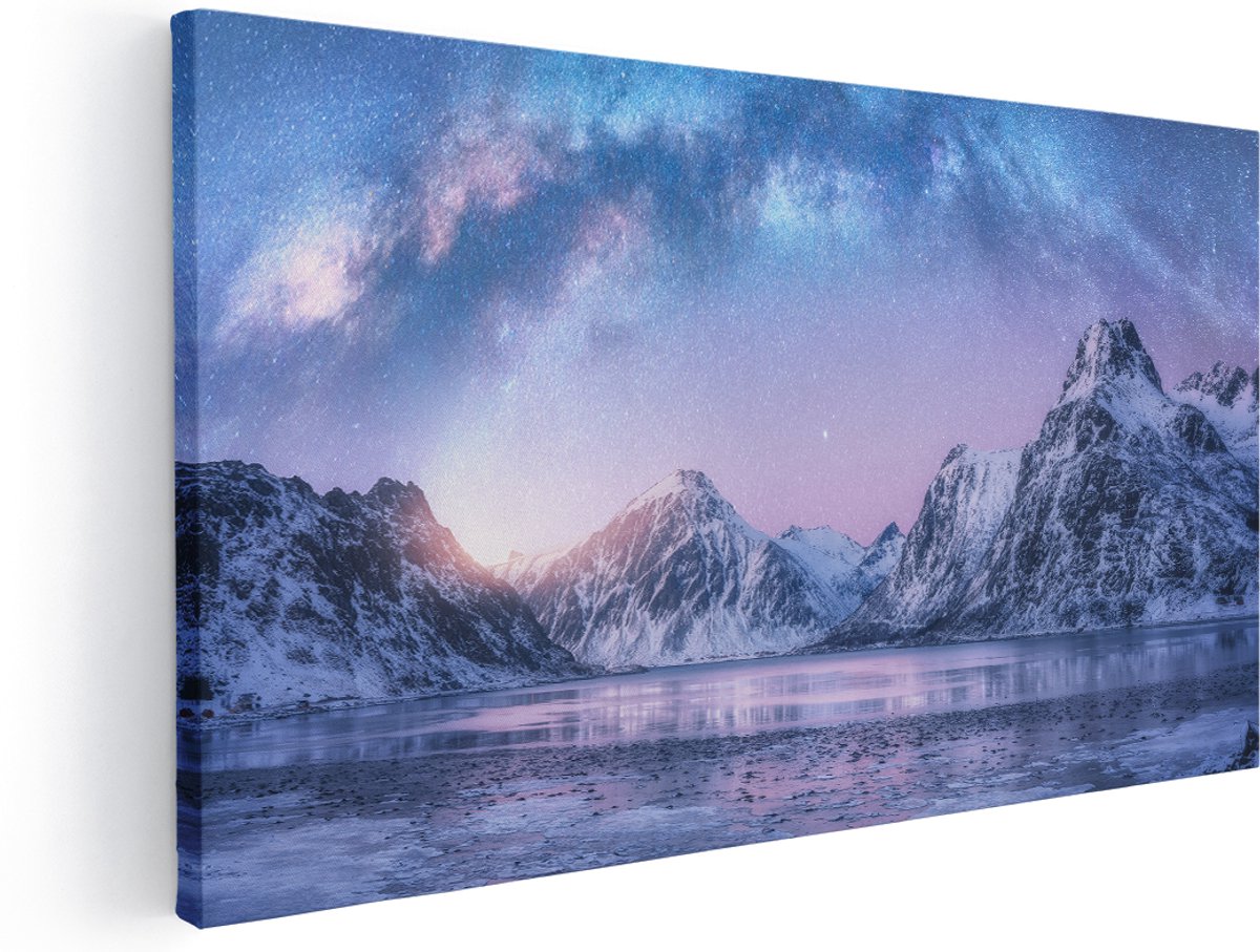Artaza Canvas Schilderij Melkweg Bij De Besneeuwde bergen - 180x90 cm - Groot - Wanddecoratie Woonkamer - Schilderijen - Muurdecoratie