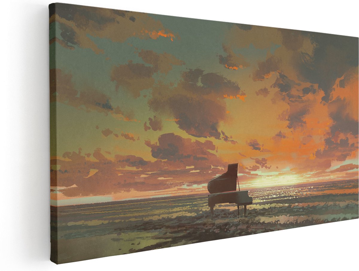Artaza Canvas Schilderij Piano op het Strand bij Zonsondergang - 180x90 cm - Groot - Wanddecoratie Woonkamer - Schilderijen - Muurdecoratie
