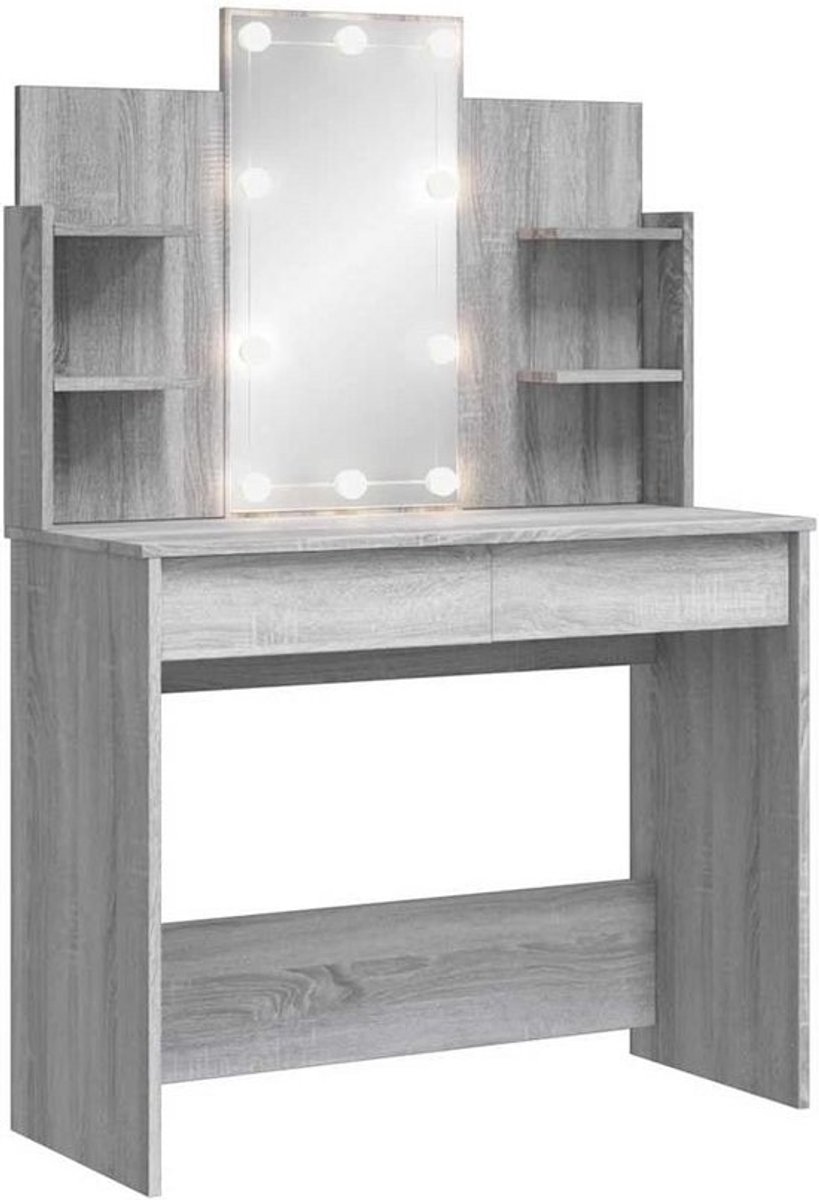Kaptafel met LED Verlichting en Spiegel - Make-up Tafel met Opbergruimte - Sonoma Grijs