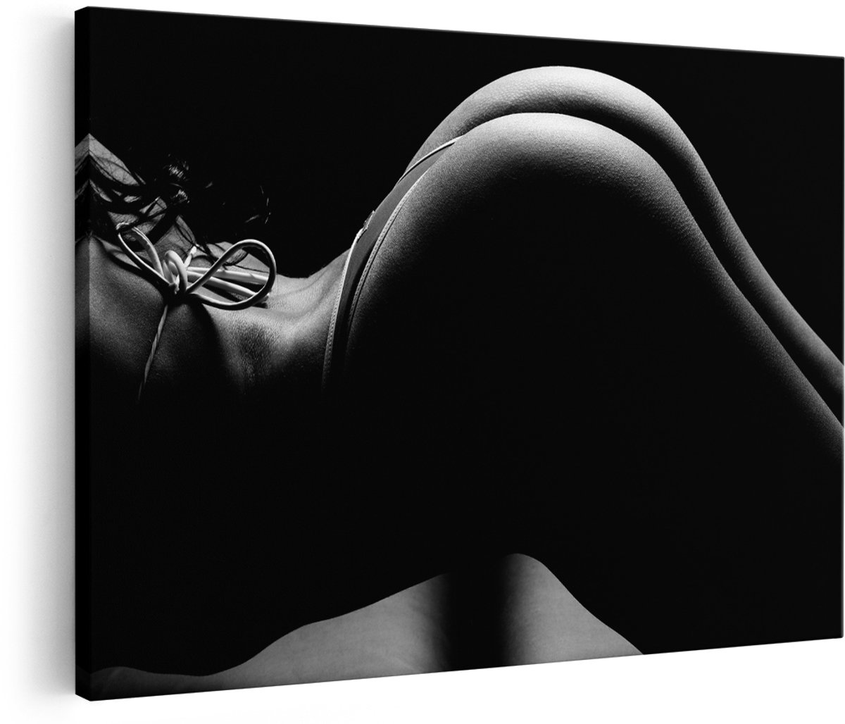 Artaza Canvas Schilderij Vrouwen Billen in String - Erotiek - Zwart Wit - 180x120 cm - Groot - Foto Op Canvas - Wanddecoratie