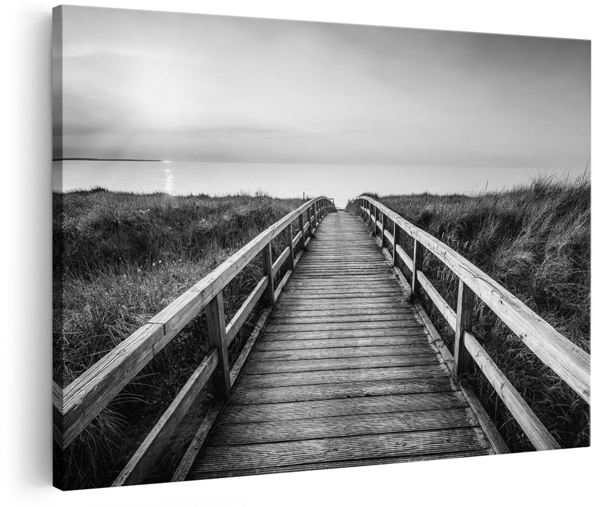 Artaza Canvas Schilderij Voetpad in de Duinen met Zonsondergang - Zwart Wit - 180x120 cm - Groot - Foto Op Canvas - Wanddecoratie