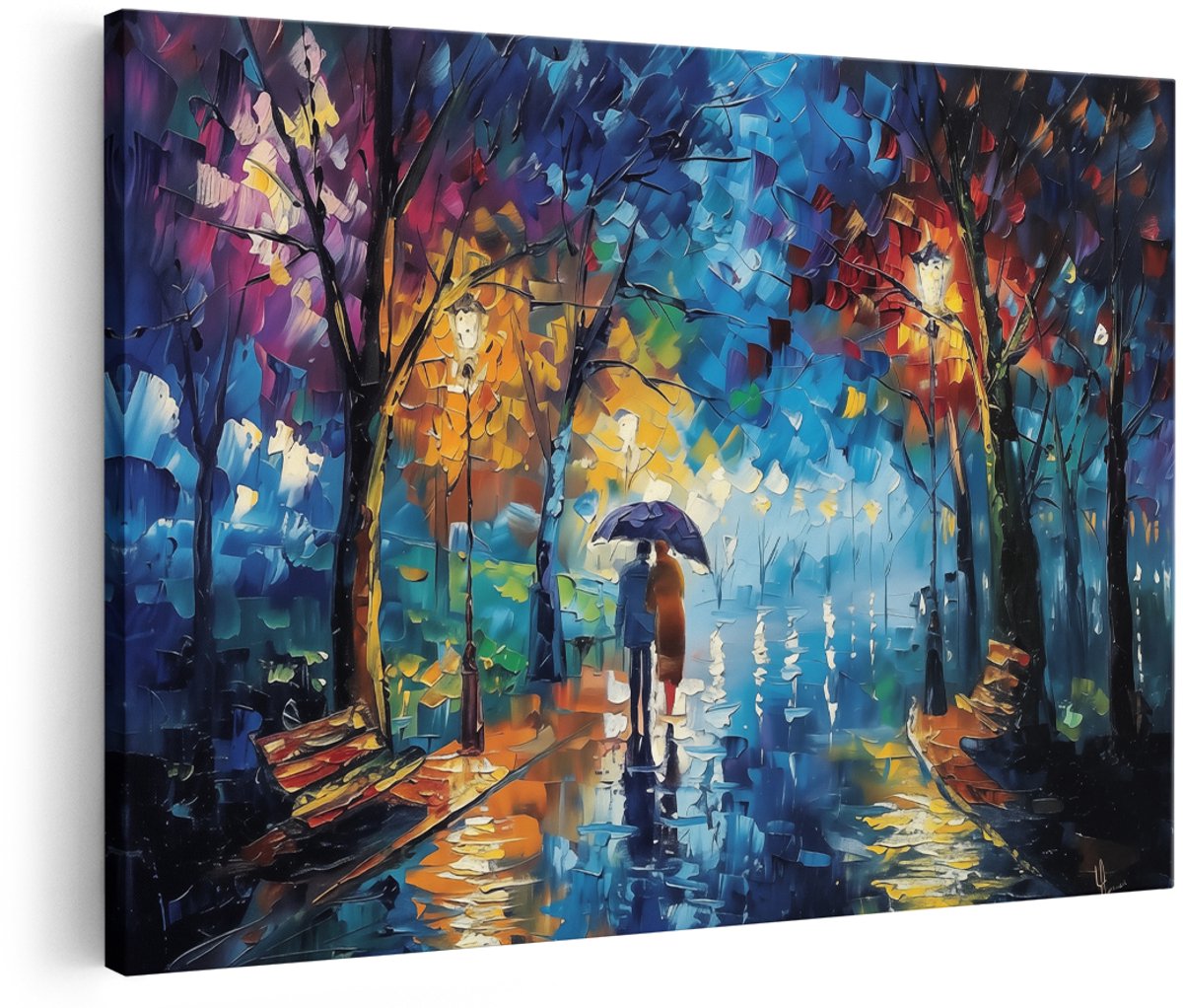 Artaza Canvas Schilderij Vrouw met een Paraplu in de Regen - 180x120 cm - Groot - Wanddecoratie Woonkamer - Schilderijen - Muurdecoratie