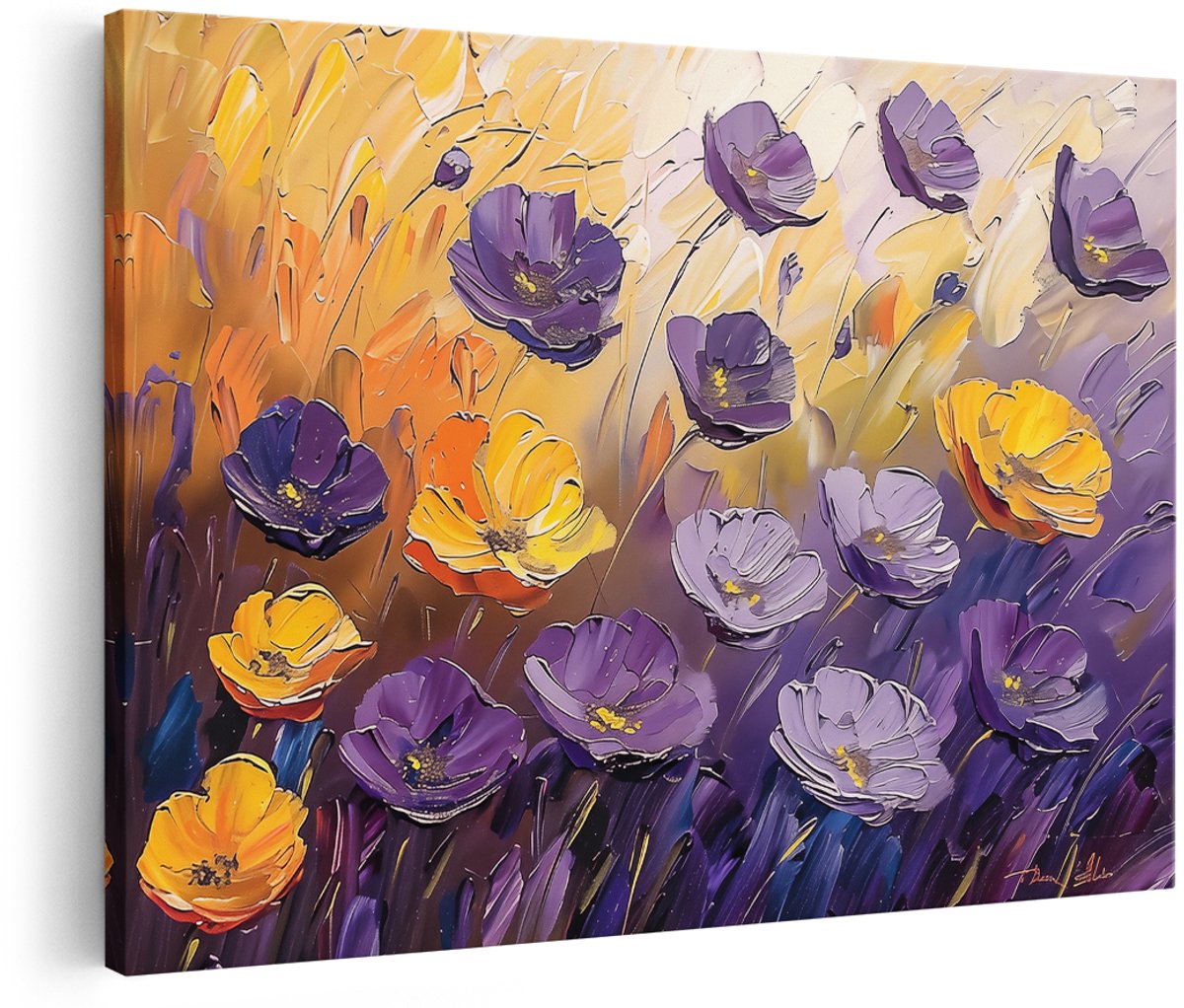 Artaza Canvas Schilderij Paarse en Gele Bloemen - Bloemen - 180x120 cm - Groot - Wanddecoratie Woonkamer - Schilderijen - Muurdecoratie
