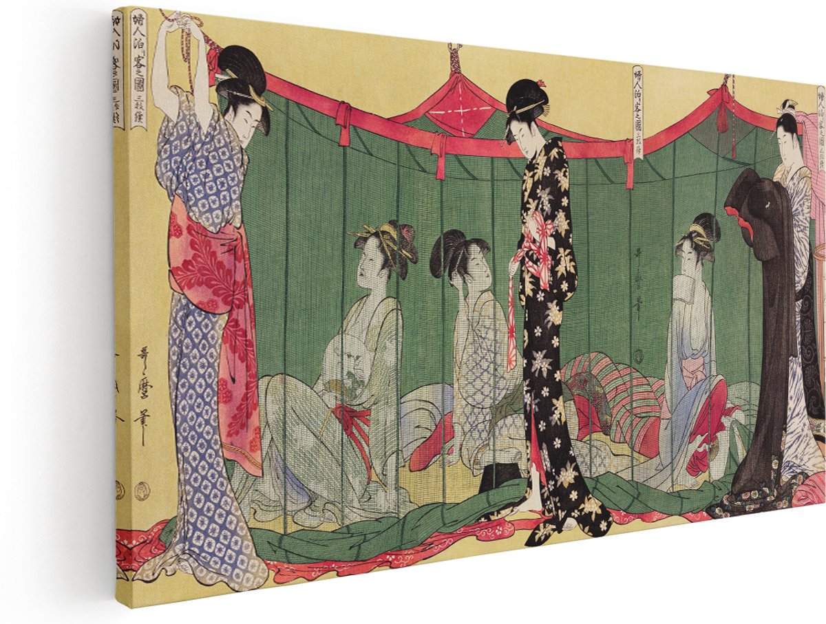 Artaza Canvas Schilderij Vrouw In Kimono - 180x90 cm - Groot - Wanddecoratie Japan - Muurdecoratie Aziatisch - Decoratie Ukiyo-E Print
