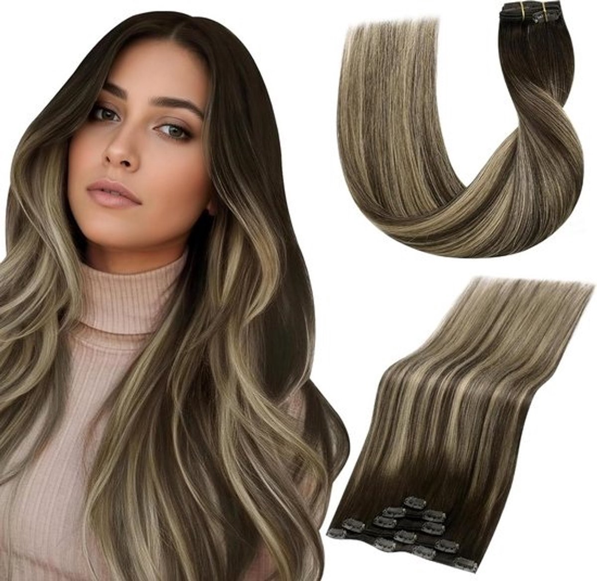 Clip-in Haarverlenging Menselijk Haar Balayage Brown Naar Caramel Blond 55cm Remy