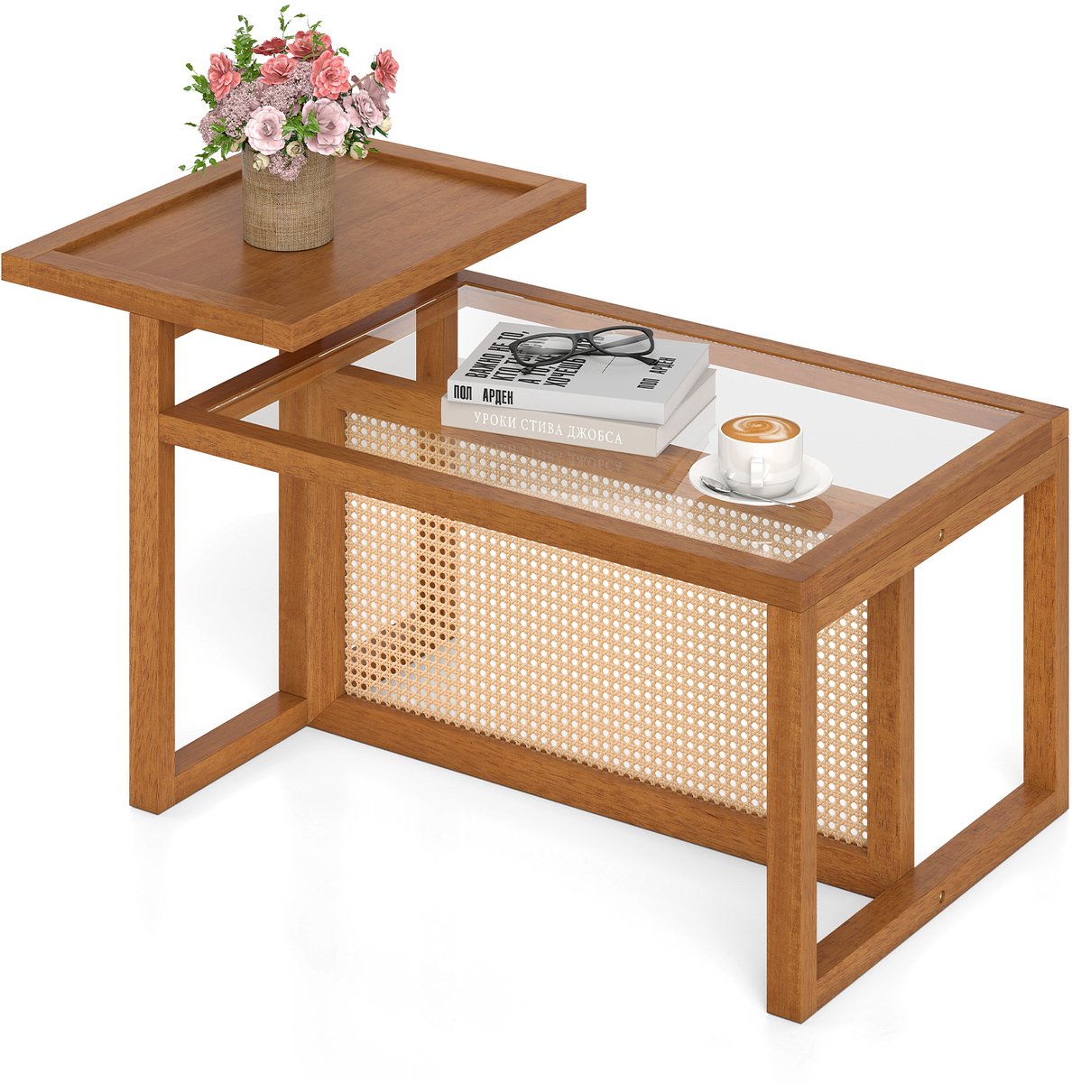 SureDeal® - Salontafel - Planken - Gehard Glas Rieten - 102x56x56 cm - Bruin