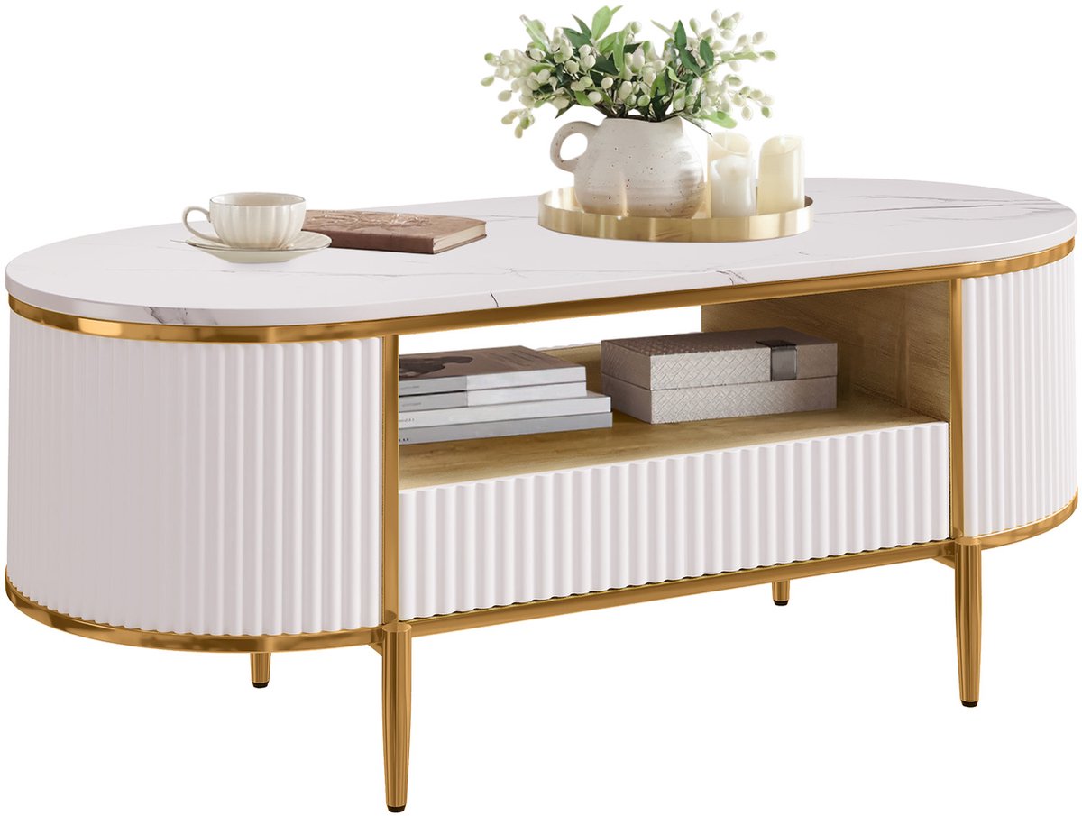 Ovale Salontafel met Schuiflades - 120x56x48cm - Koffietafel - Marmerlook MDF-Tafelblad - Geribbeld Design - Metalen Poten - Minimalistische Theetafel - Voor Woonkamer Slaapkamer - Wit + Goud