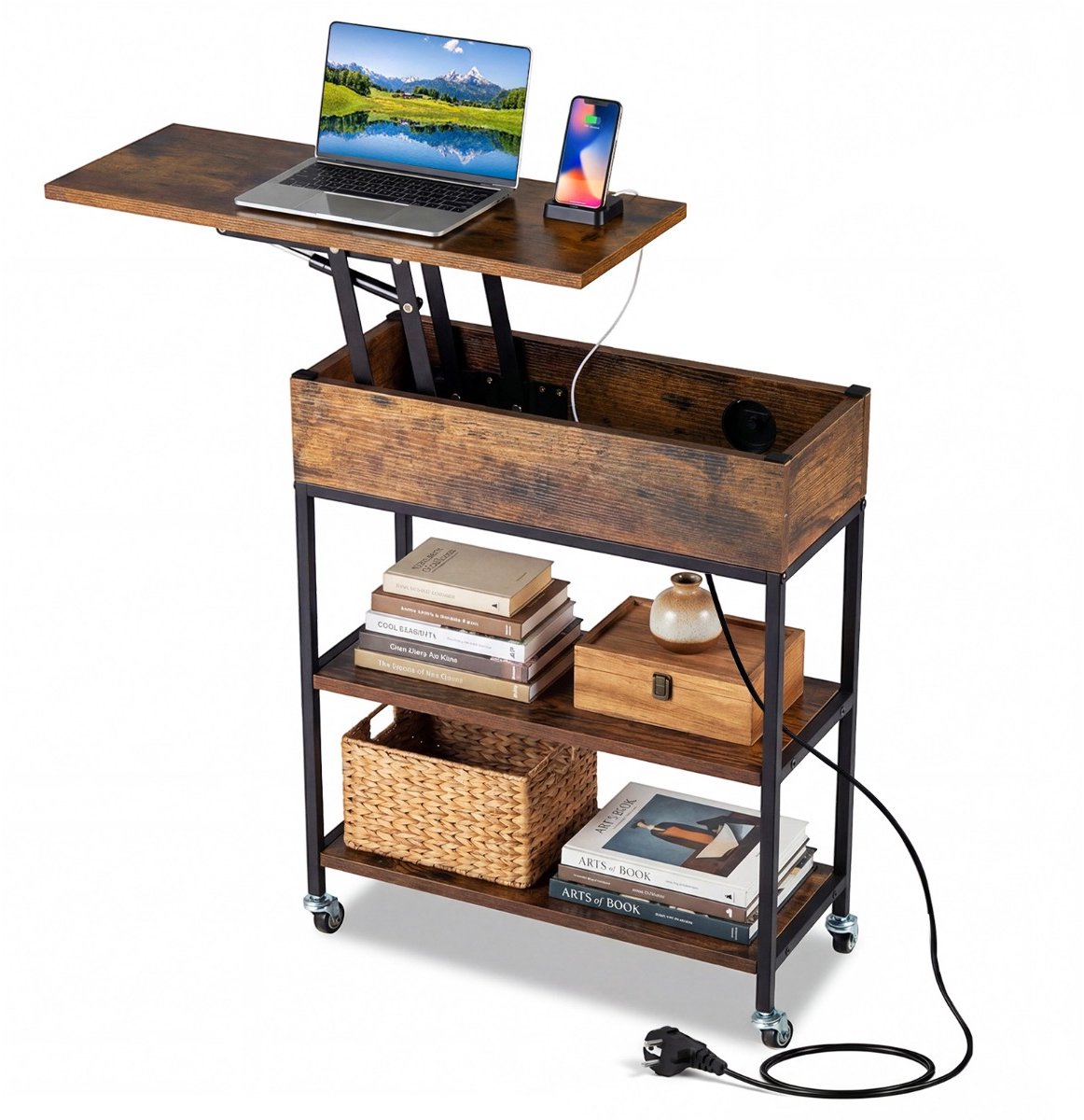 SureDeal® - Bijzettafel - Hefplaat - Oplaadstation Verrijdbare Salontafel - Verborgen Opbergruimte - Open Planken - 60x24x67,5 cm - Koffiebruin