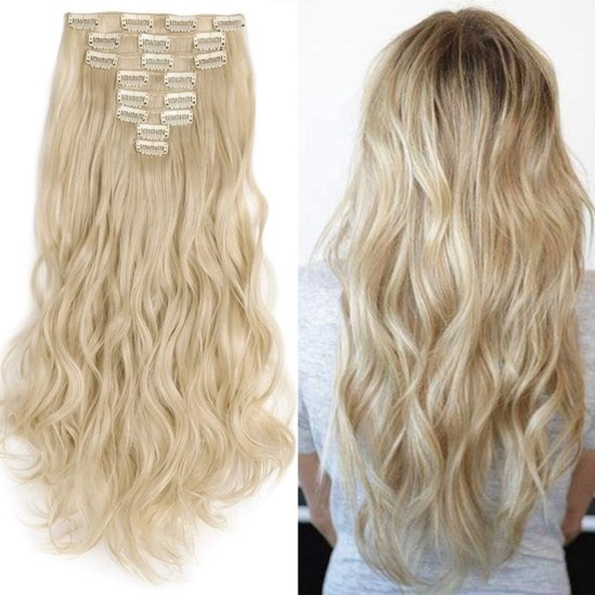 Clip-In Haarextensions, 8 Vlechten, Natuurlijke Look, Golvend Bleekblond, 61 cm Lang, Perfect voor Volumineus Haar