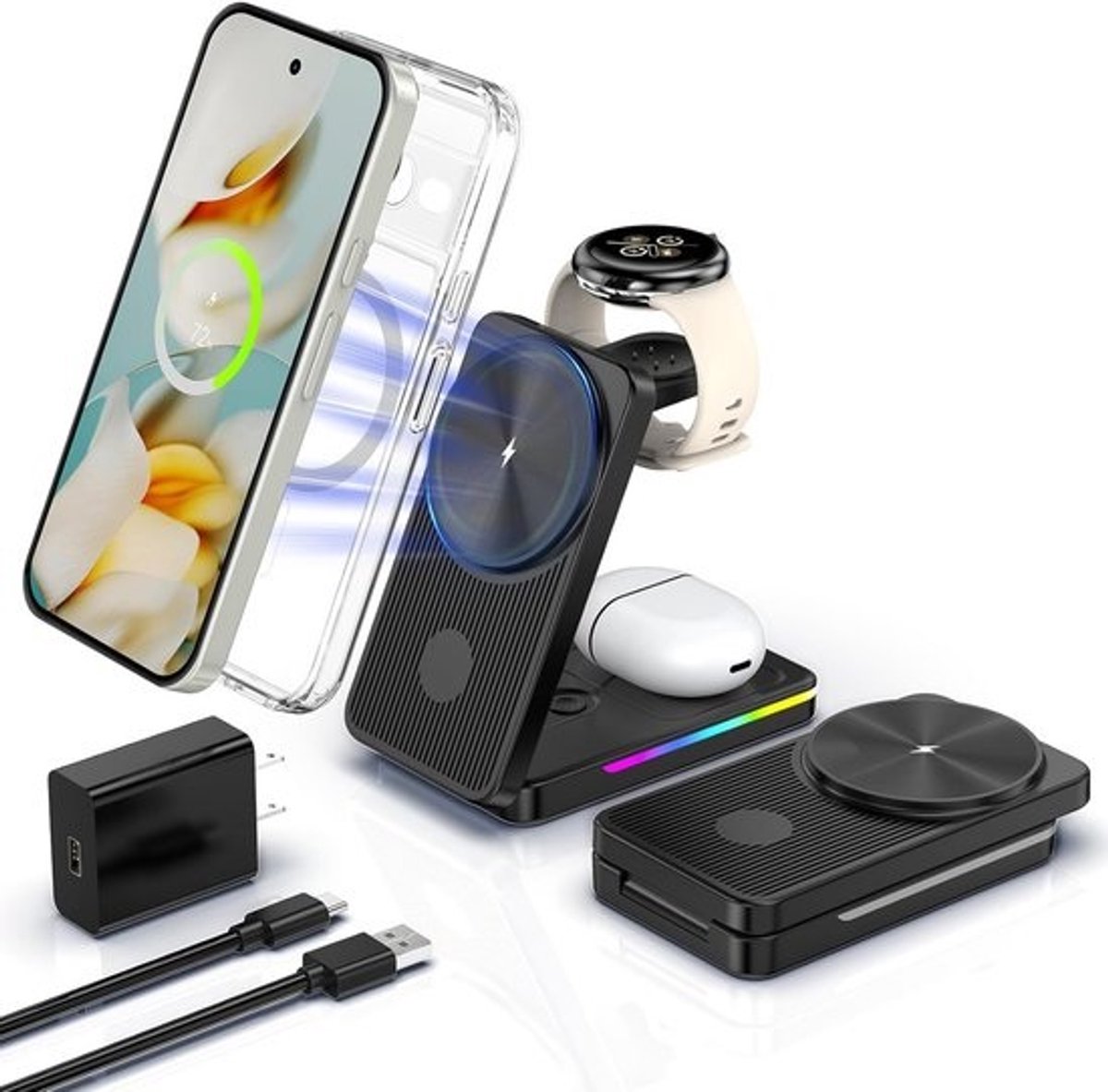 3-in-1 Draadloze Oplaadstation voor Google Pixel Telefoons, Smartwatch en Buds - 15W Snel Opladen