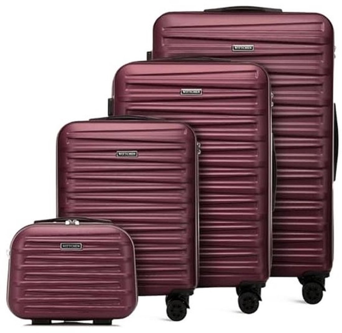 Reiskoffer Set van 4 Trolleys met Handbagage en Cosmetica Tasje - Telescopisch Handvat en 4 Wielen - Bordeauxrood