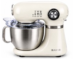 Swiss Haus® KM2005 Keukenmachine – 1000W Keukenrobot – 5L RVS Mengkom met Handgreep – 12 Snelheden – Retro Design – Multifunctionele Keukenmixer met Accessoires - Crème