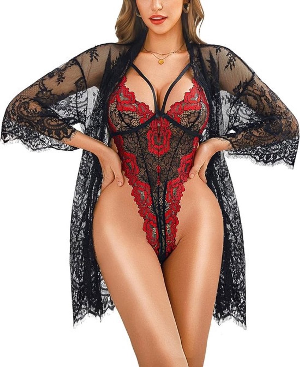 Sexy Lingerieset Dames - Doorschijnende Lace Bodysuit met Nachtjapon en Badjas Set - Zwart Rood
