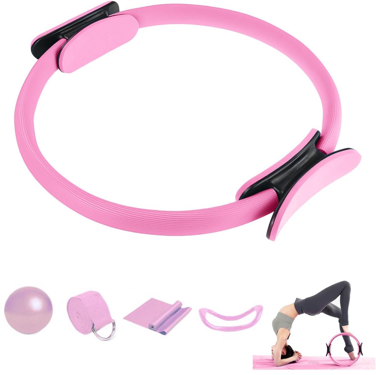Namajunas – Pilates ringenset, weerstandsband en pilatesbal, yoga ringen fitnessset, fitnessapparatuur voor thuis, geschikt voor pilates, yoga en flexibiliteitstraining, complete trainingsset, versterkt de spieren, vormt je lichaam, roze