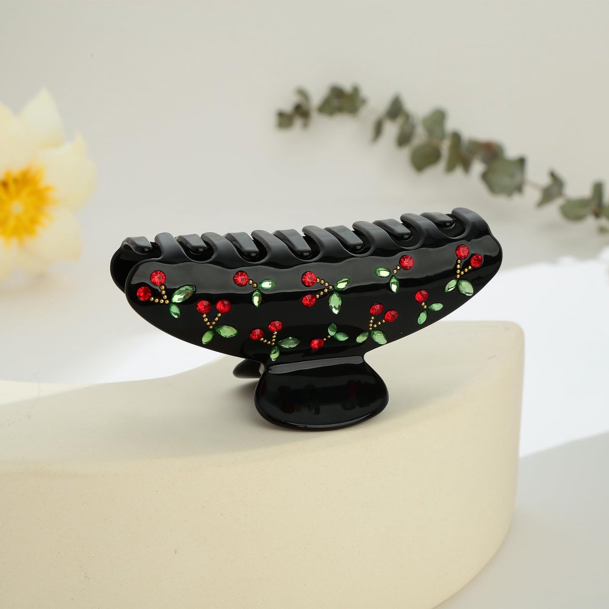 WOWORAMA Kersenhaar klauwclips voor vrouwen zwart kersenhaar klauwen met strass steentjes antislip kaakclip 8,9 cm - ShopVlot