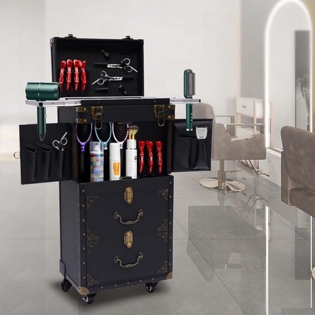 Cosmetica Trolley - Mobiele Koffer - Gereedschap Opbergen - Combinatieslot Beveiliging - 39x25x82 cm - Zwart