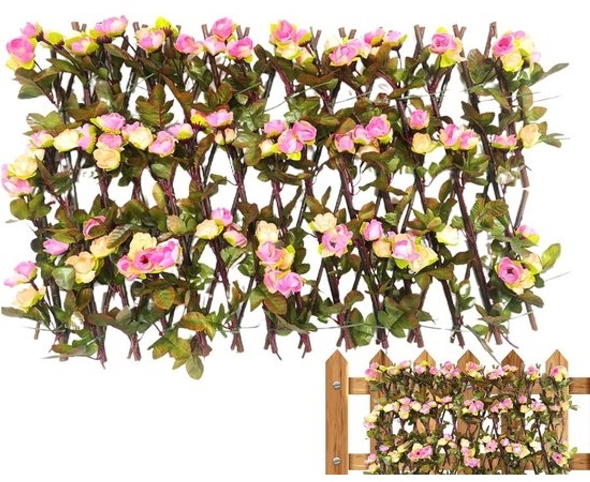 Kunstbloem Hekwerk - Privacy Scherm - Buiten Decoratie - Intrekbaar Ontwerp - 40x20cm - Rozen