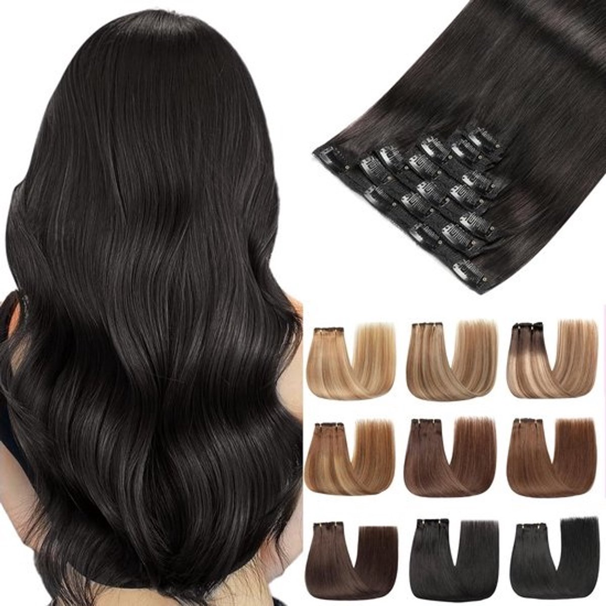 Clip-in Haarverlenging Set 7 Delen 120g Steil Menselijk Haar Zwart 45 cm