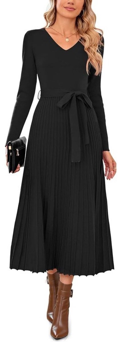 Gebreide Jurk - Trui Jurk - Casual Dagelijks - Elegante Plissé - Midi Lengte - Herfst Winter