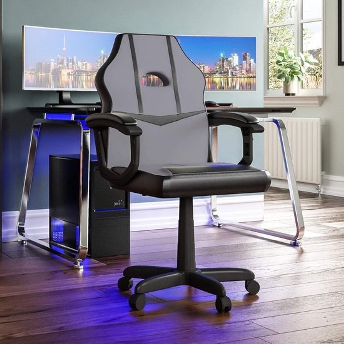 Racing Gaming Stoel met Verstelbare Hoogte en Armleuningen, PU Kunstleer, 360° Draaibaar, Zwart/Grijs