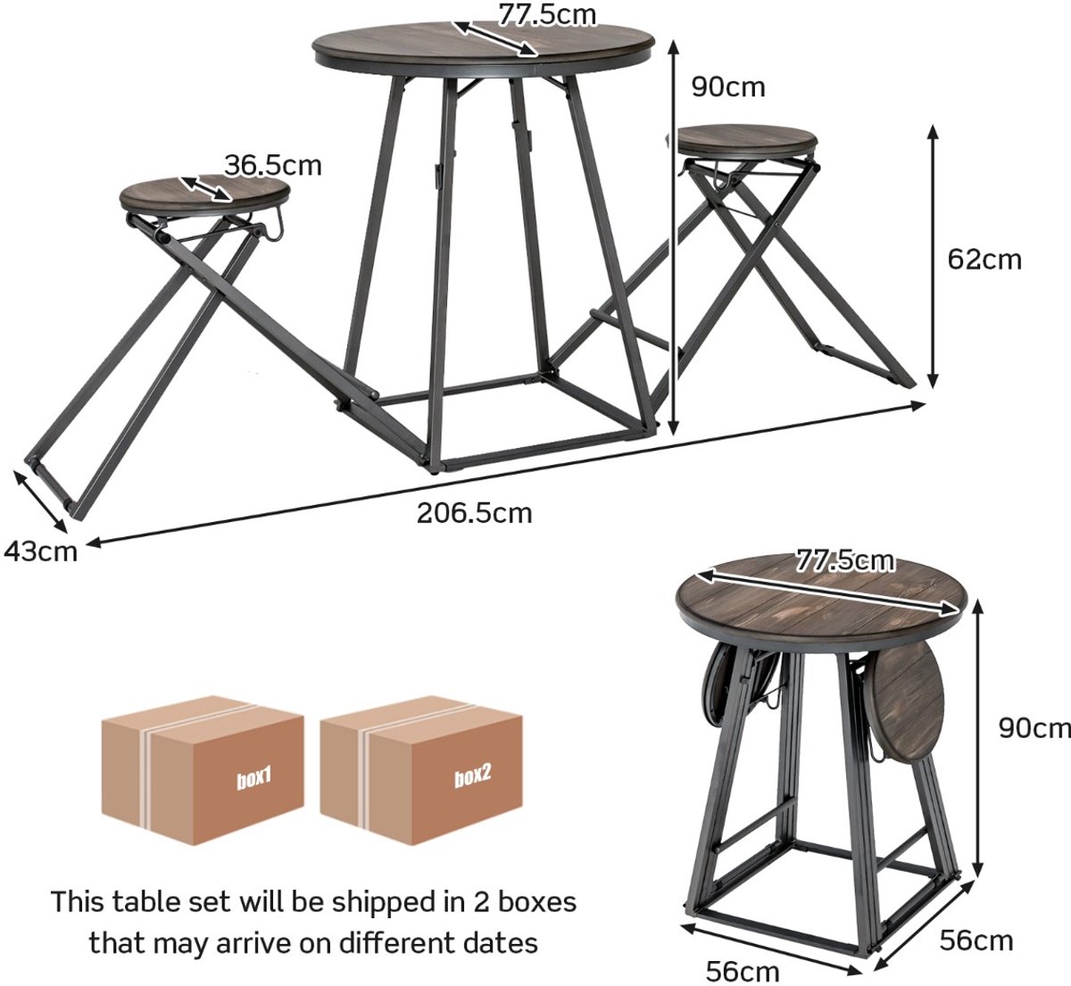 SureDeal® - Eettafel - Delige Ronde Tafel - Krukset - Personen Bartafel - Inklapbare Krukken Moderne - Kleine Kamers - 206,5x77,5x90 cm - Grijs