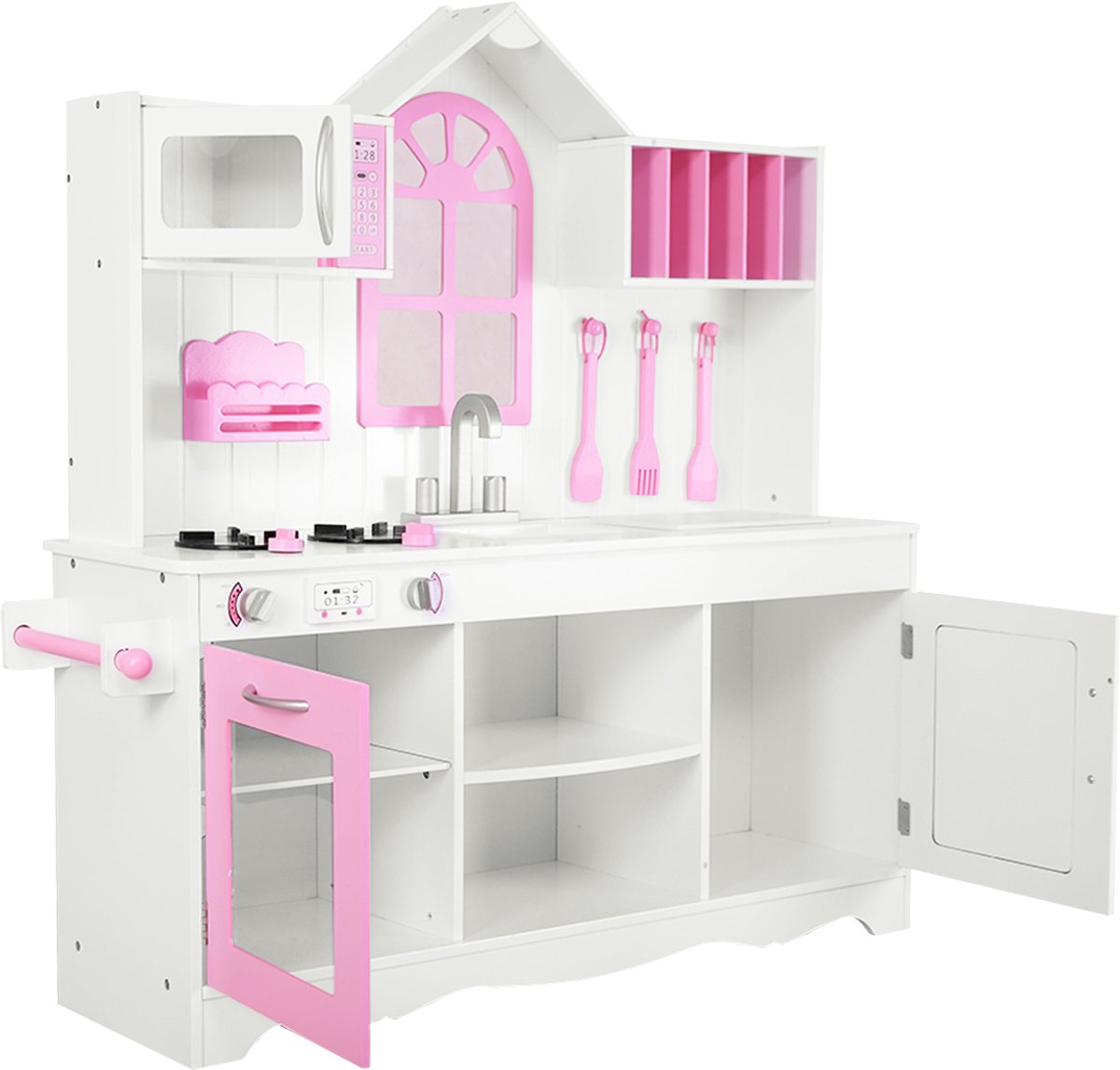 SureDeal® - Rollenspell - Kinderkeuken Houten Keukenset - Doe Alsof Keuken - Peuters Jaar Roze - Wit - 109x32x106,5 cm - Roze