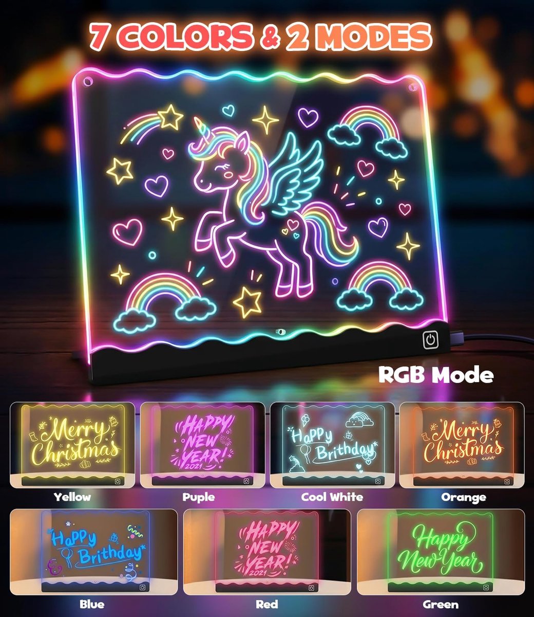LED-tekenbordset - RGB-kleuren - tekenen en knutselen - voor kinderen vanaf 3 jaar - lichtbord - voor meisjes - meerkleurig - 30x20 cm - 1 set