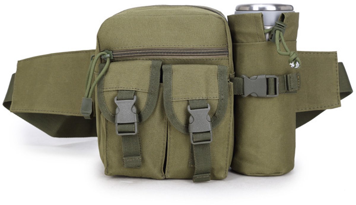 erstelbare Tactische Heuptas voor Dames en Heren met Waterfleshouder, Lichtgewicht Fanny Pack voor Hardlopen, Wandelen, Fietsen en Reizen, Geschikt voor Tailleomvang van 70 tot 105 cm, Met Meerdere Vakken - Militair groen