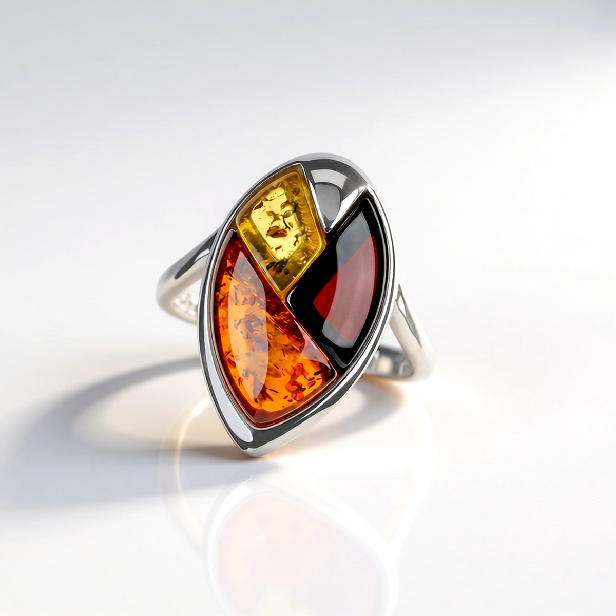 Cavill - Sterling Zilveren Ring - 925 Zilver Rhodium - Cognac & Citroen Barnsteen 0,8 ct - Handgemaakt Uniek Design - Rood & Geel