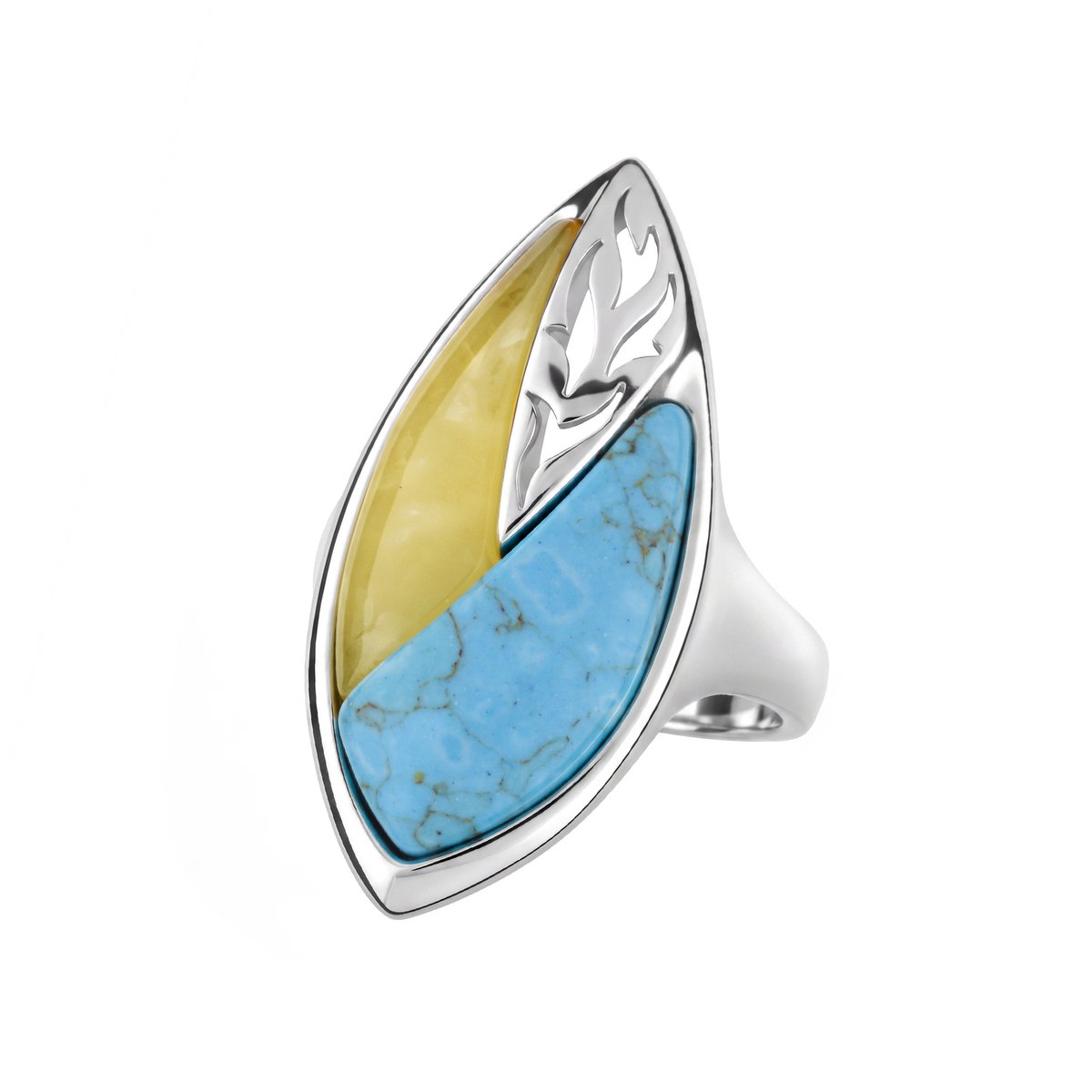 Cavill - Zilveren Ring 925 Sterling - 1,32 ct Baltische Barnsteen & 3 ct Turkoois - Verstelbaar - Elegant Damesring met Cabochon Edelstenen
