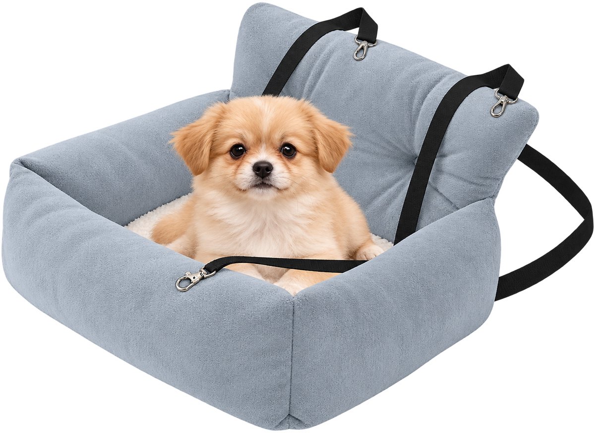 Veya Autostoel hond - Grijs - 34 x 35 x 27cm - Uitneembaar ligkussen - Veiligheidsriem - Knus gevoel door zachte stof - Anti-slip