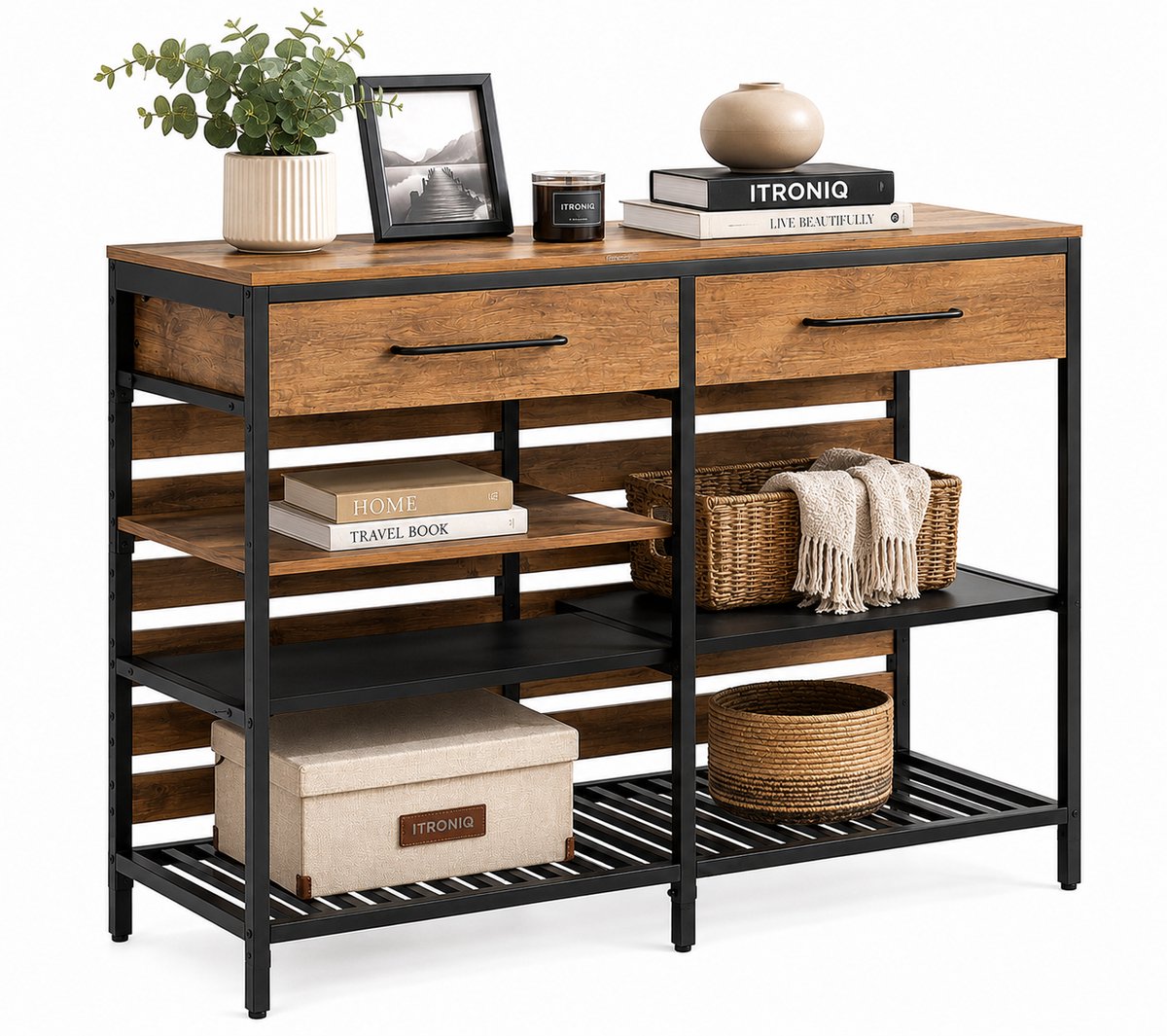ITRONIQ Keukeneiland Met 2 Lades en 5 Open Planken - Keukenkast Organizer 120 x 45 CM - Industrieel - Vintage Bruin Zwart