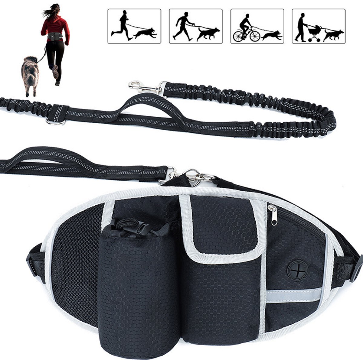 YAGXIG Hondenriem - Heupriem voor huisdieren - Handsfree hondenriem - 1,6-2,5 m - Maximaal 50 kg - Schokabsorberend - Reflecterende stiksels - Geschikt voor hardlopen, joggen en wandelen - Zwart