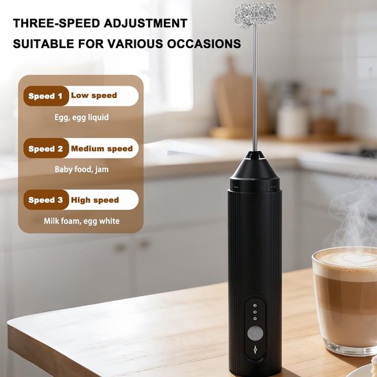 1 stuk - kleine elektrische melkmachine - roestvrij staal koffie crème elektrische melkmachine - eiermachine draagbare mixer - drie snelheden verstelbaar - opladen model - wit — afbeelding 4