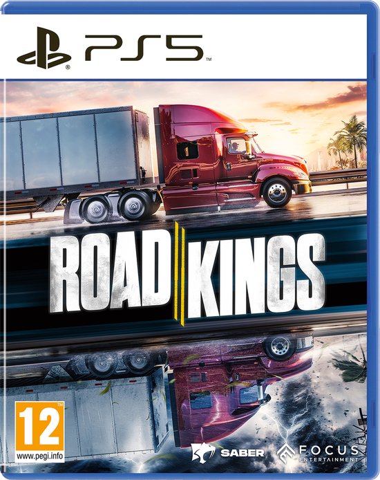PlayStation 5 gamecover 'Road Kings' met een rode truck op een weg bij zonsondergang.