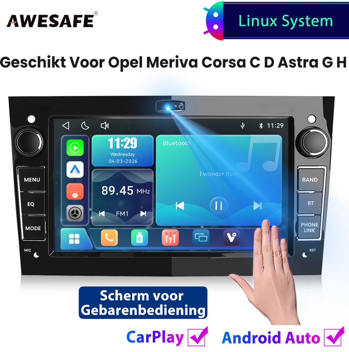 Awesafe Autoradio - Geschikt Voor Opel Meriva Corsa C D Astra G H - Draadloos Carplay Android Auto - Linux systeem - 7 Inch Touchscreen - FM Radio Bluetooth EQ SWC Wifi Airplay - Scherm voor Gebarenbediening - Glanzend zwart