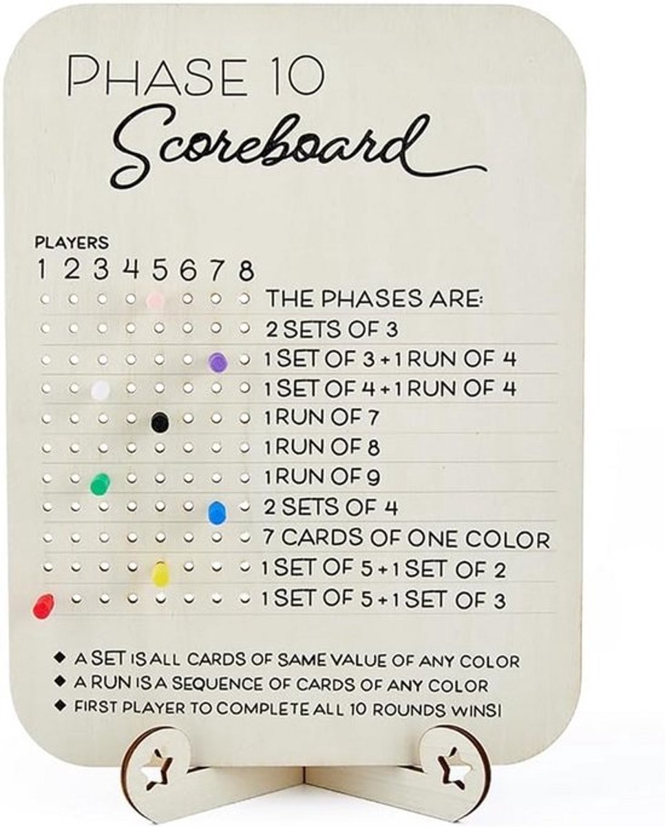 Houten Fase 10 Scorebord met 8 Gekleurde Pinnen voor Bordspellen