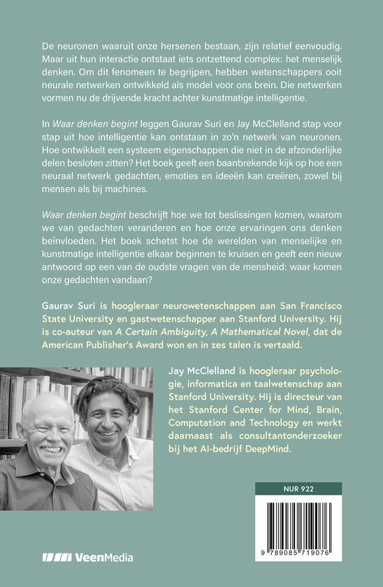Twee mannen, Gaurav Suri en Jay McClelland, lachen naar de camera op de voorkant van het boek 'Waar denken begint'.