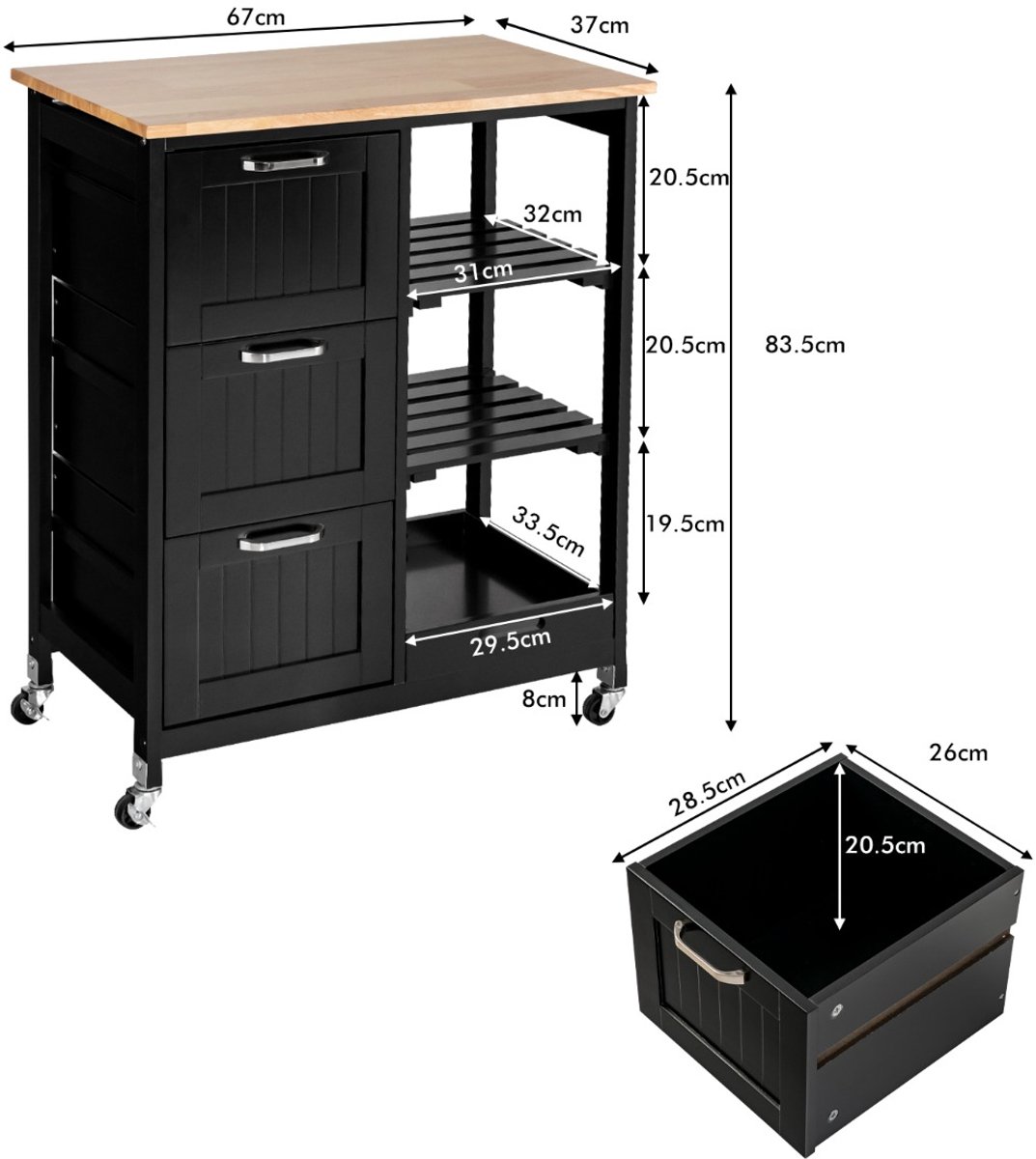 SureDeal® - Keukentrolley - Keukeneiland Wielen Rollende - Rubberhouten Blad - Laden Serveerwagen Zwart - 67x37x83,5 cm - Zwart