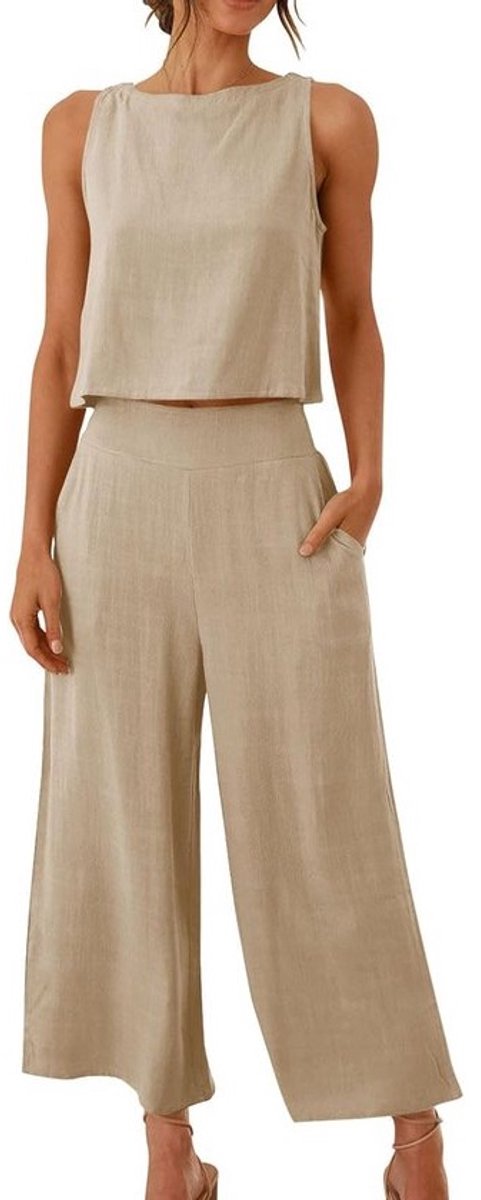 Zomer Co-ord Set Dames: Mouwloze Croptop en Wijde Linentrui met Zakken