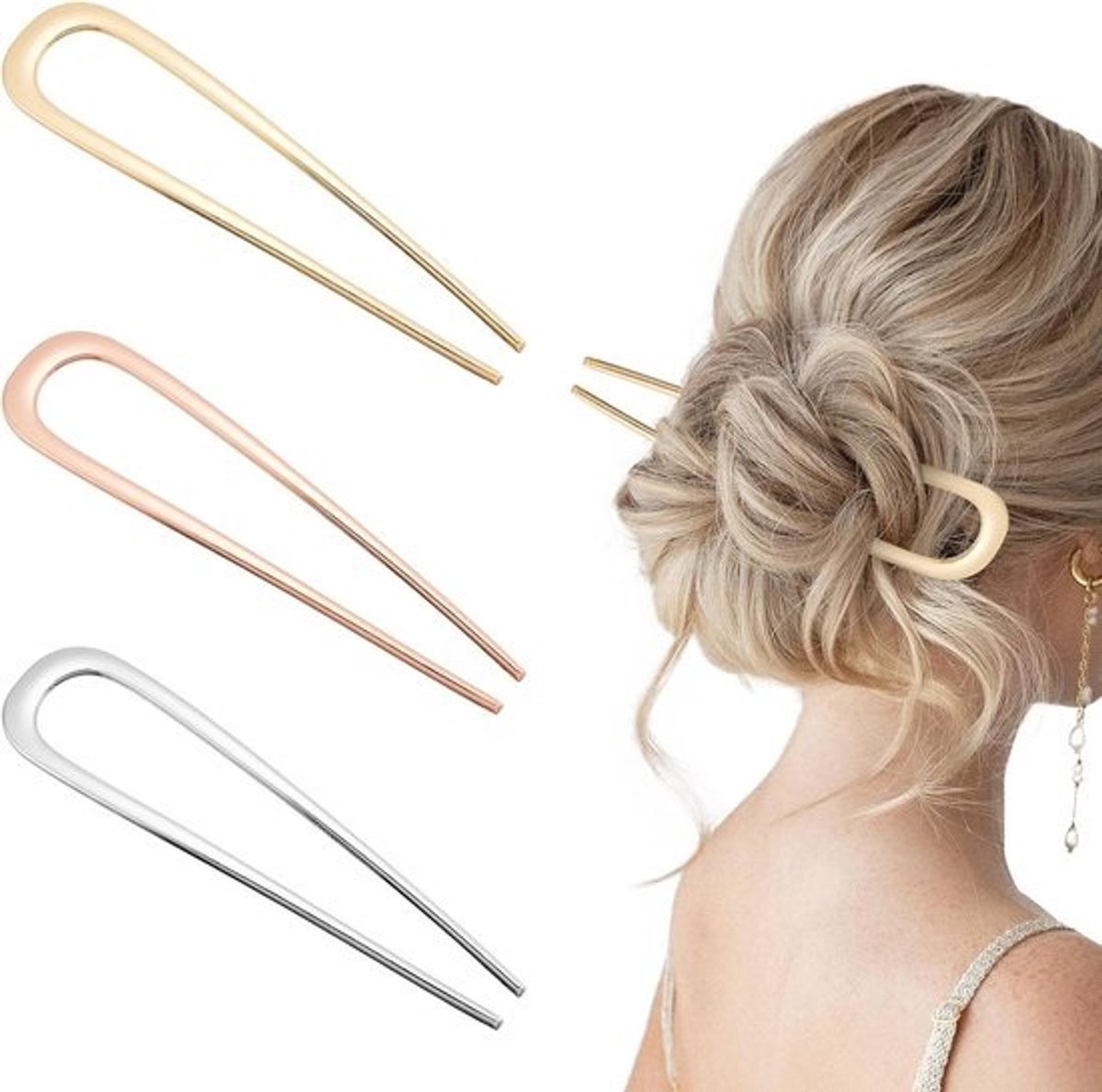 Set van 3 U-vormige Metalen Haarspelden voor Chignon en Kapsels