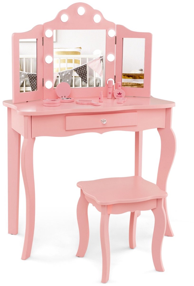 SureDeal® - Kinderkoffer - Kaptafel - Krukje - Kinderen - Afneembare Driewegspiegel - LED Lampjes Make - Prinsessen - 70x34x103 cm - Roze