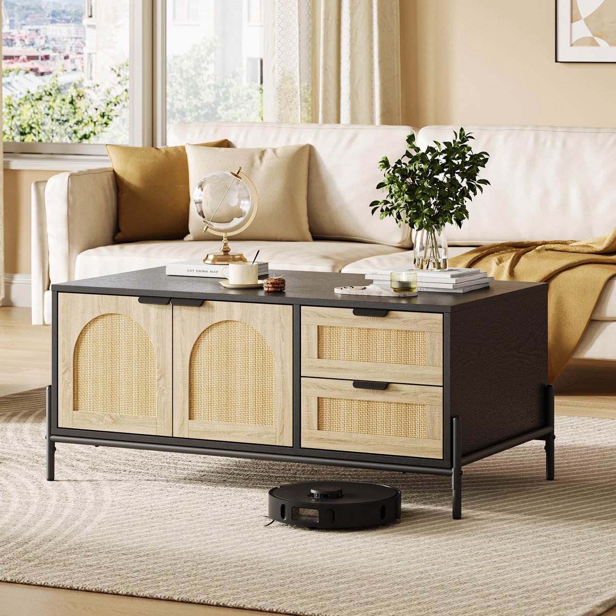 Salontafel met LED-Verlichting - 104x55x45cm - Moderne Koffietafel - 2 Lades En Open Plank - Rotan Front - Rechthoekig - Metalen Frame - Voor Woonkamer - Zwart