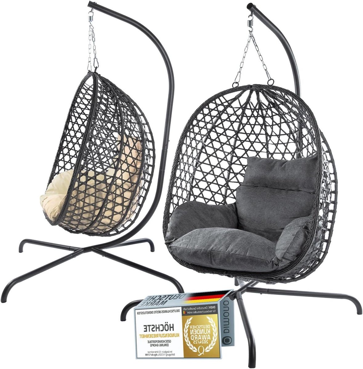 Hangstoel met frame - Eischommel relaxstoel - Buiten relaxen - Robuust polyrattan staal - 120 kg draaglast - Grijs
