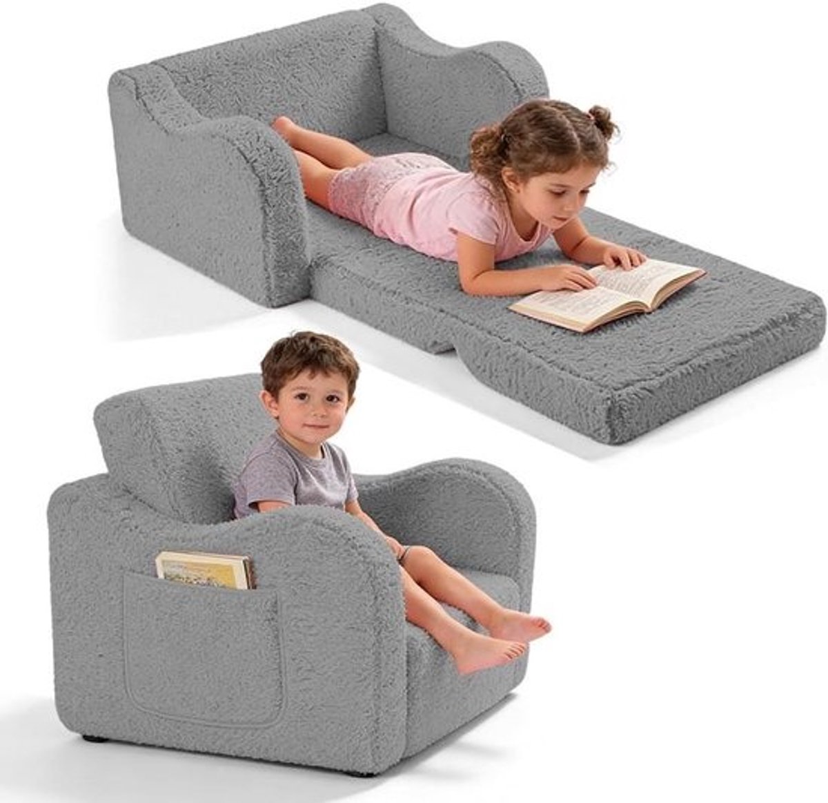 Kinderbank Uitklapbaar - Kinderstoel Slaapbank - Spelen en Rusten - Extra Brede Zitting - 23.6*17*17cm - Grijs