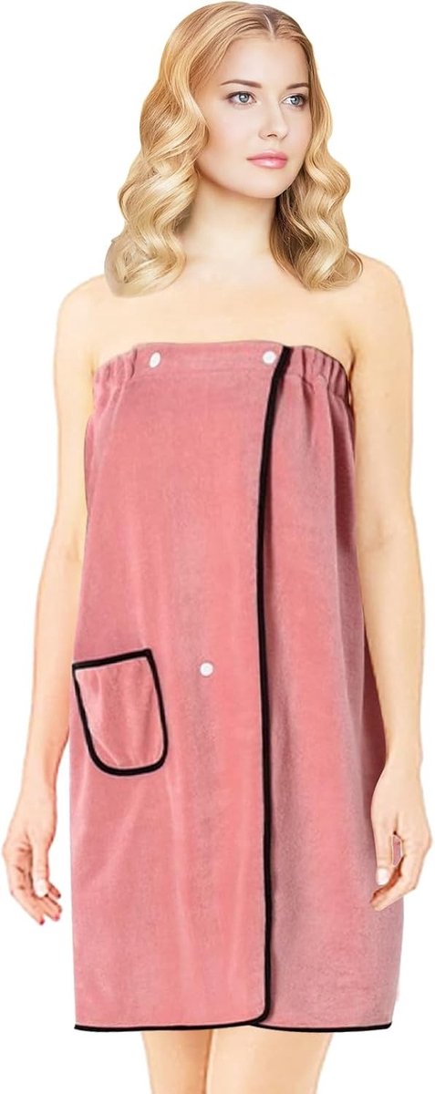 Dames Badjas en Sauna Kilt, Absorberende en Pluisvrije Sauna Handdoek, Met Zakjes, Elastisch, Roze, XL
