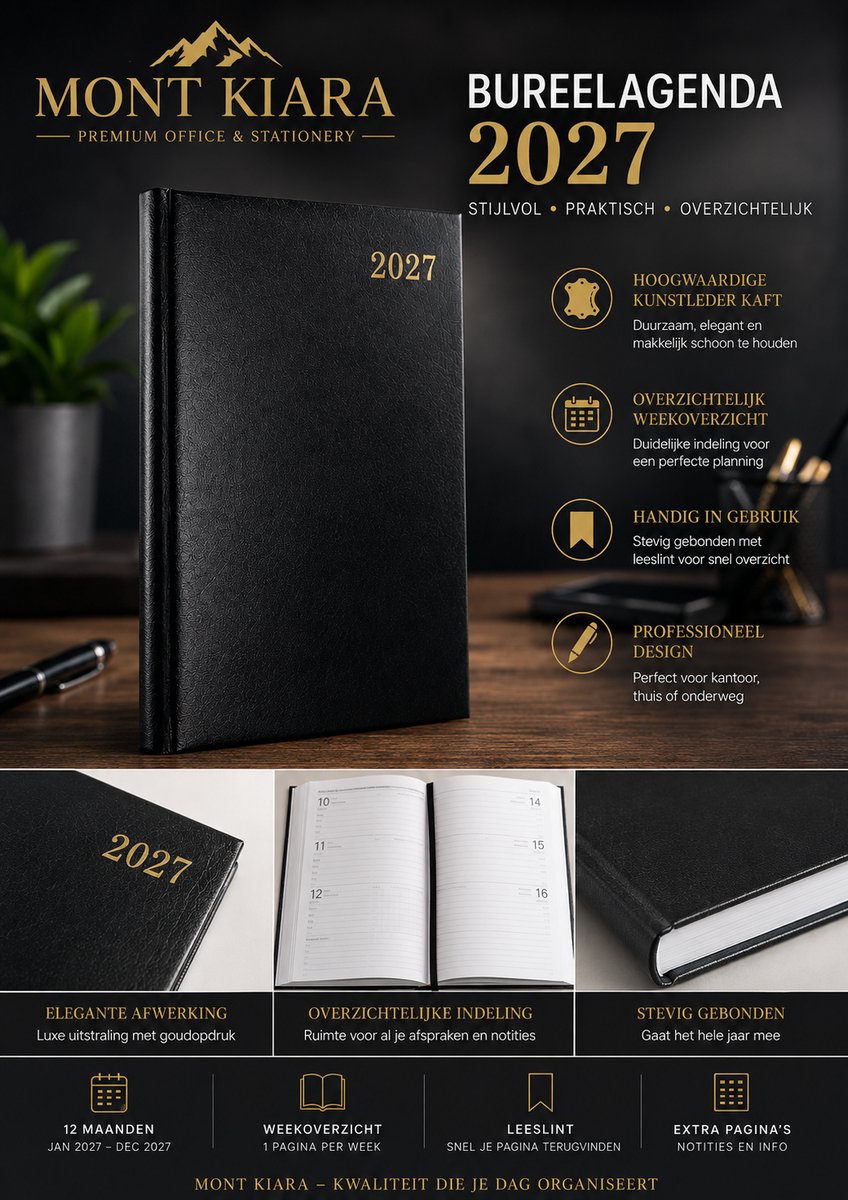 Mont Kiara Bureelagenda 2027 – Zwart Kunstleer – Weekagenda – Zakelijke Agenda voor Kantoor & Werk – Professionele Planner 2027