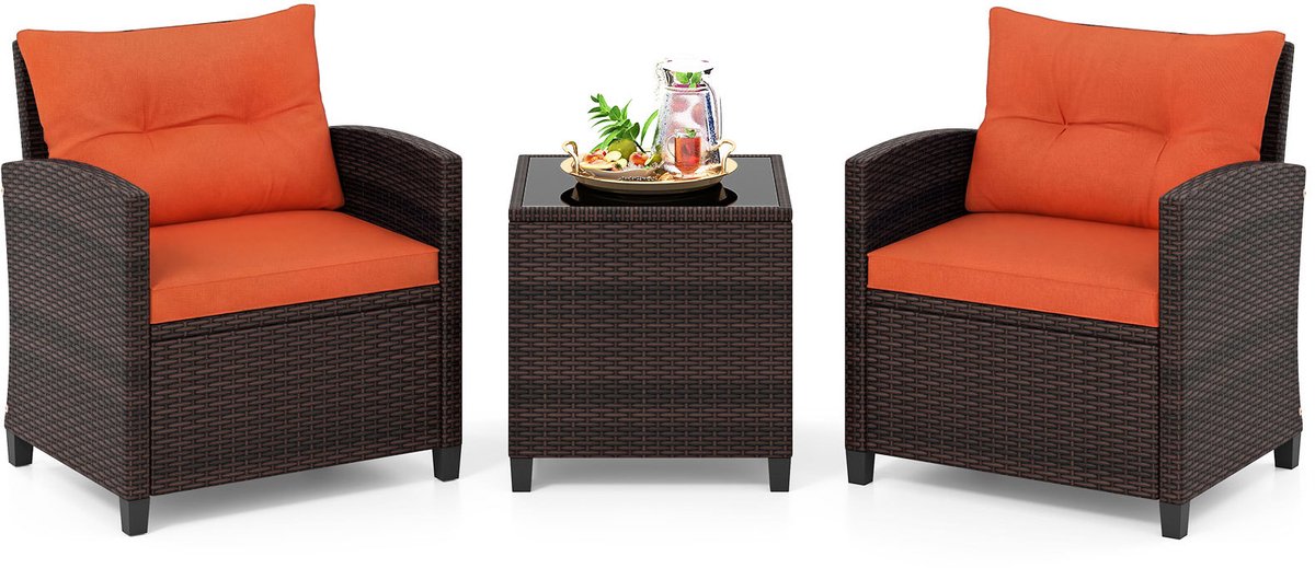 SureDeal® - Tuinset - Rattan Tuinmeubelset Delig - Stoelen - Tafel - Veiligheidsglas Tafelblad Oranje - 67x64x77 cm - Naturel