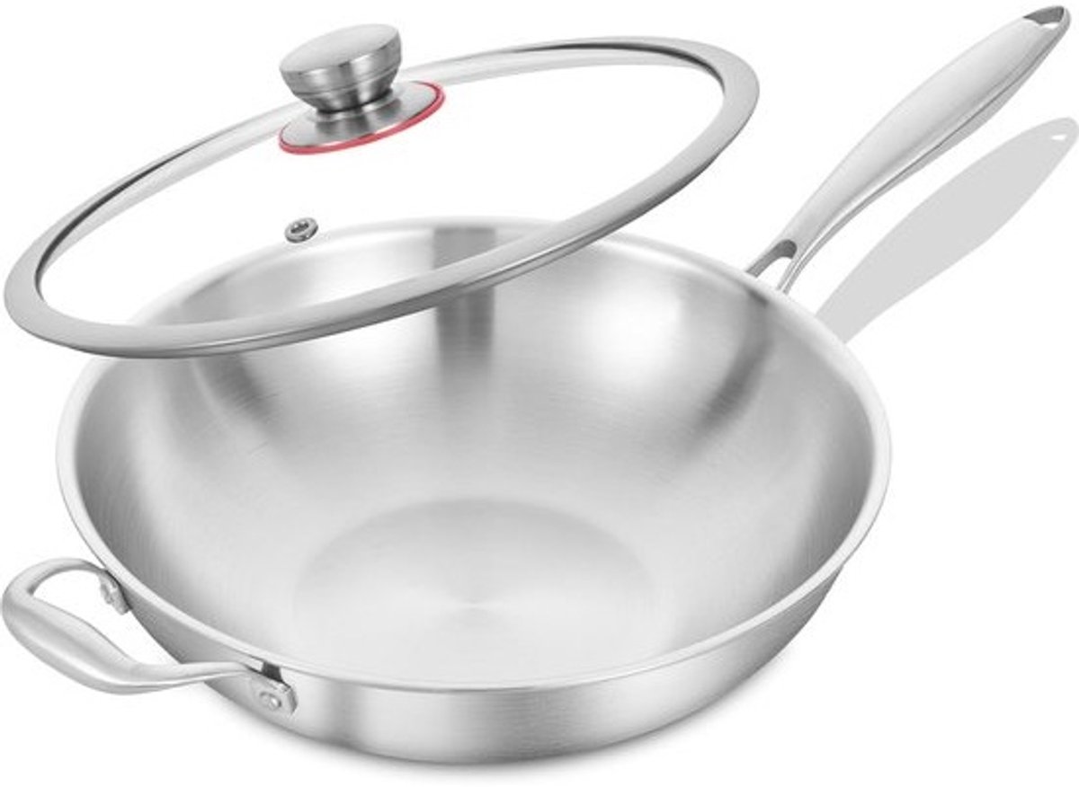 RVS Wokpan 30 cm Drielaags Inductie met Deksel | Geschikt voor Oven & Vaatwasser